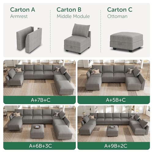 HONBAY Modular Sectional Sofa with Storage, Sleeper Sectional Sofa Modular Sectional Couch for Living Room, Grey