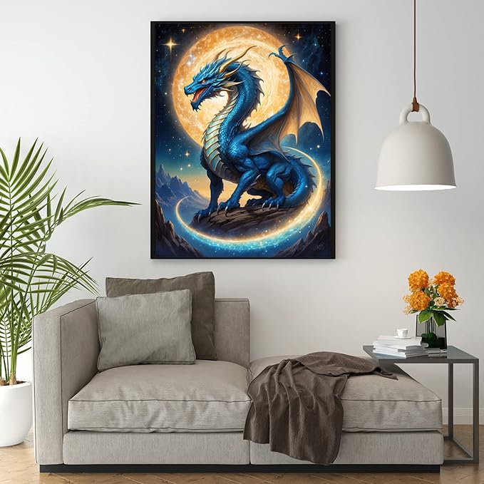 Ekuxom Dragon Diamond Art Kits for Adults, 5D Moonlight Diamond Painting Kits for Adults, DIY Full Round Drill Diamond Dot Gem Art for Craft Home Wall Decor Gift 12x16 inch Ekuxom
