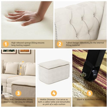 Tabaray 89'' Pull Out Sofa Bed King, Chesterfield Velvet Sleeper Sofa, Convertible L-Shaped Futon Couch, Tufted Back, 4 Pillows, Ottoman, Deep Seat Loveseat Couches for Living Room, Apartment, Beige Tabaray
