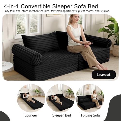 MeMoreCool Convertible Sofa Bed, Folding Floor Couch Bed Queen, Pull Out Sleeper Couch with Pillows, Fold Out Futon Sofa for Bedroom Living Room Small Space, Corduroy Black MeMoreCool