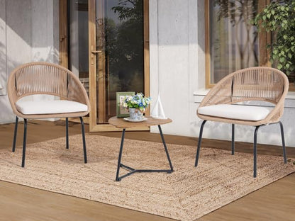 Yangming Patio Furniture Set, 3 Piece Outdoor Bistro Chair Conversation Sets Woven Rope with Wood Coffee Table for Yard Backyard Lawn Garden Porch Backyard Deck Poolside Balcony - WoodArtSupply