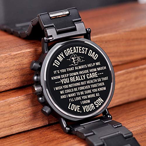 BOBO BIRD Mens Personalized Engraved Wooden Watches, Stylish Wood & Stainless Steel Combined Quartz Casual Wristwatches for Men Family Friends Customized Watch (A-for Dad from Son) - WoodArtSupply