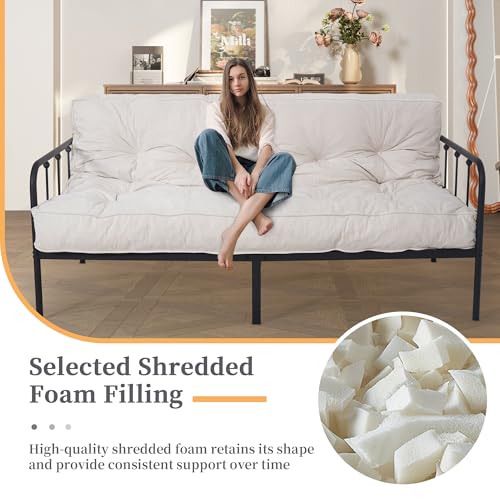 KOZIDO 8” Queen Size Futon Mattress Sofa Bed, Extra Thick Foldable Floor Mattress, Shredded Foam Filling for Adults/Teens/Pets with No Assembly Needed, Frame Not Included - Beige KOZIDO