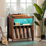 Joaxswe Large Record Player Stand with Charging Station & LED Lights, Brown Vinyl Record Storage Holder Holds up to 230 Albums, Turntable Stand with Display Shelf for Music Room Bedroom Living Room. Joaxswe
