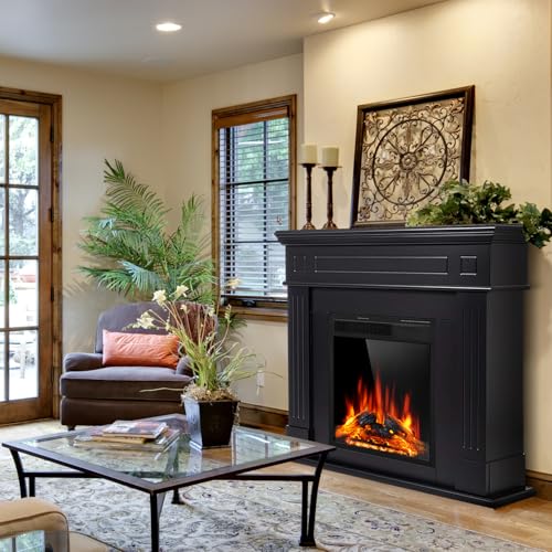 43” Electric Fireplace Mantel Freestanding Electric Fireplace, Remote Control, Adjustable Led Flame, 750W/1500W Black Electactic