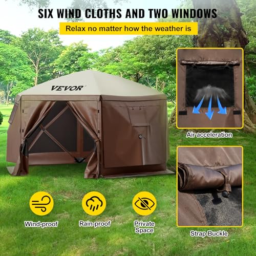 VEVOR Pop Up Gazebo Screen Tent, Pop-Up Instant Gazebo Tents with Mosquito Netting Outdoor Canopy, 6 Sided Sun Shelter 10x10ft with 6 Removable Wind Cloths & 2 Mesh Windows, Pavilion Tent for Patio VEVOR