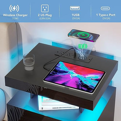 HOMMPA LED Nightstand with Wireless Charging Station 2 Outlets USB Port Type C Black Bedside Table with 3 Drawers Modern Smart LED Nightstand Tall 26.8in High Gloss Night Table with Light for - WoodArtSupply