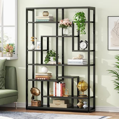 Tribesigns 47” Black 9-Tier Rustic Geometric Bookshelf – Industrial Wood and Metal Display Shelf for Living Room and Office - WoodArtSupply