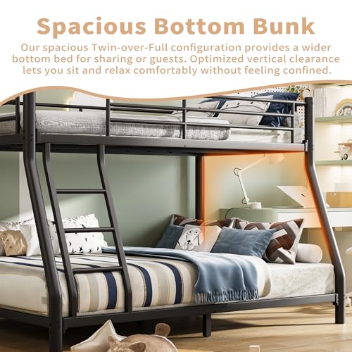 HomJoones Metal Twin Over Full Size Bunk Bed for Adults & Kids,Twin Over Full Bunk Beds, Low Profile Bunkbeds with Length Guardrail and Ladder, No Box Spring Needed,Space Saving HomJoones