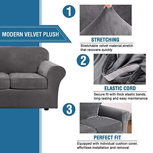 H.VERSAILTEX 4 Pieces Thick Velvet Sofa Covers Couch Covers for 3 Cushion Couch Sofa High Stretch Slipcovers Furniture Protector Form Fit Luxury Couch Cover for Dogs Width Up to 90 Inch(Sofa,Grey) H.VERSAILTEX