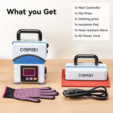 D9A91 2 in 1 Heat Press Machine, Hat Press Machine.for Caps, T-Shirt & More, Curved Heating Plate and Silicone Base,Heat Up Fast and Even,No Crease,LCD Digital Temperature &Timer Control-Light Blue D9A91