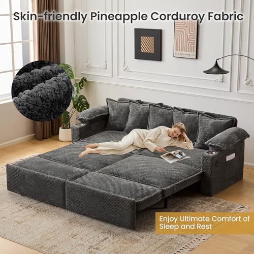 82.7’’ King Size Pull Out Sofa Bed, 3 in 1 Convertible Sleeper Sofa Bed with Futon Sofa , Chenille Loveseat Couch Bed with USB and Storage Pockets for Living Room,Bedroom, Pet-Friendly (Dark Gray) GRAINLLE
