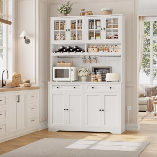 HOSTACK 75.4" Tall Kitchen Pantry Cabinet with Charging Station, Modern White Kitchen Hutch with Microwave Stand and Wine Racks, Large Food Pantry Storage Cabinet with Glass Doors and Drawers, White HOSTACK