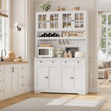 HOSTACK 75.4" Tall Kitchen Pantry Cabinet with Charging Station, Modern White Kitchen Hutch with Microwave Stand and Wine Racks, Large Food Pantry Storage Cabinet with Glass Doors and Drawers, White HOSTACK