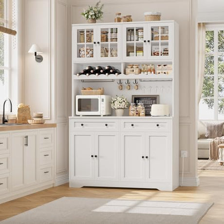 HOSTACK 75.4" Tall Kitchen Pantry Cabinet with Charging Station, Modern White Kitchen Hutch with Microwave Stand and Wine Racks, Large Food Pantry Storage Cabinet with Glass Doors and Drawers, White HOSTACK