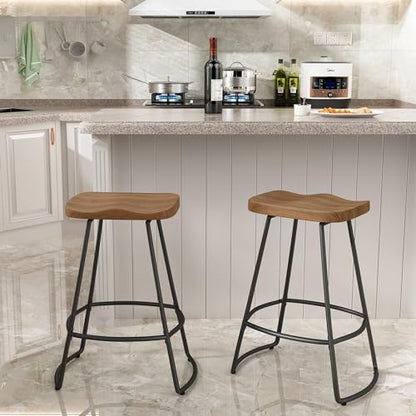 Awonde 26" Swivel Bar Stools Set of 2 Industrial Metal Counter Height Stools with Wood Top Matte Black - WoodArtSupply