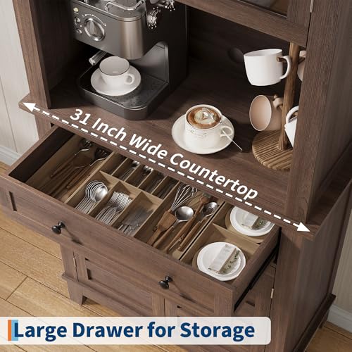 GarveeHome 72 in Tall Kitchen Pantry Cabinet, Kitchen Hutch Bar Cabinet with Microwave Stand, Cupboard with Drawers Glass Doors for Dining Room, White (Brown, 32" Wide) GarveeHome