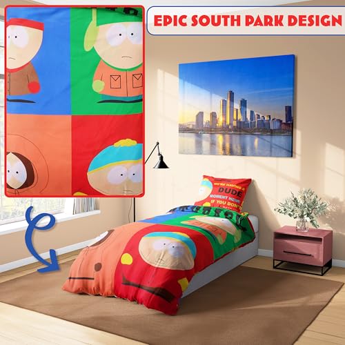 South Park Reversible Duvet Cover & Pillowcase Set for Teens, Men, Single or Double Bed Set, Bedding Decor, Gifts for Him (Multi Single) South Park