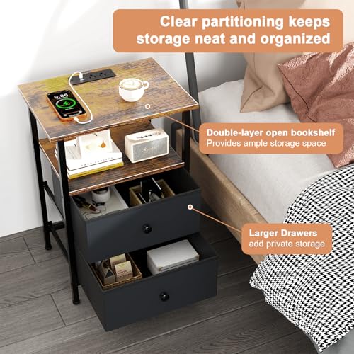 Smoproper Nightstand with Charging Station, Bedside End Table with 2 Fabric Drawers for Bedroom, Side Table with USB Ports and Outlets (Brown Black) Smoproper