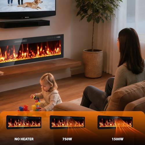 BREEZEHEAT 72 Inch Ultra Thin Electric Fireplace-Narrow Bezel Linear Fireplace Heater Recessed Wall Mounted, Remote Control, Touch Screen, 750W/1500W, 8H Timer for Living Room, Bedroom, Office BREEZEHEAT
