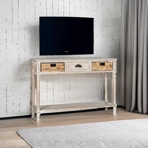 SAFAVIEH Home Collection – Christa White Wash Console Table with Rattan Drawers & Shelf, Coastal Cottage Storage Console, Vintage Design (AMH5737E) SAFAVIEH