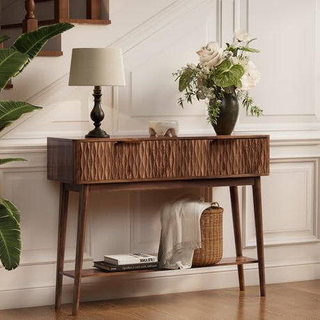 Cooday Console Table with Solid Wood Leg,Fluted Entryway Table with Storage Drawers, Mid-Century Modern Narrow Console Table for Living Room,Hallway,Walnut Cooday