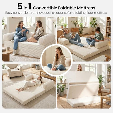 Tri-Folding Mattress Queen Futon Sofa Bed, Convertible Tri Fold Mattress Foldable with Removable Armrests & Washable Cover, 5-Inch Floor Mattress with High-Density Foam, Small Couch Bed, Beige Erament