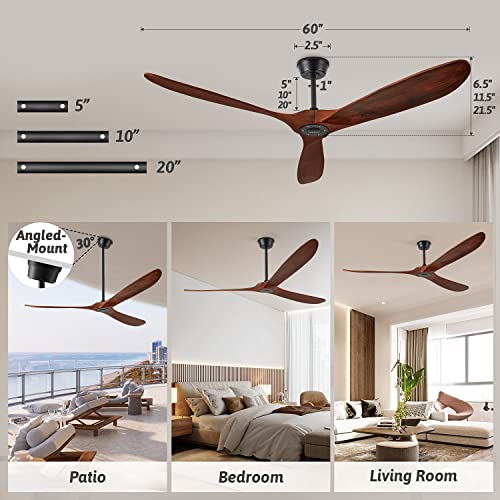 Chriari 60'' Ceiling Fan With Remote and Wall Control, Walnut Ceiling Fan with 3 Wood Blades, 6 Speeds Smart Timing Reversible DC Motor, Modern Black Ceiling Fan for Indoor Outdoor Farmhouse/Patios Chriari