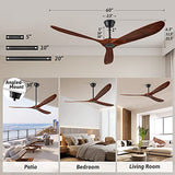 Chriari 60'' Ceiling Fan With Remote and Wall Control, Walnut Ceiling Fan with 3 Wood Blades, 6 Speeds Smart Timing Reversible DC Motor, Modern Black Ceiling Fan for Indoor Outdoor Farmhouse/Patios Chriari