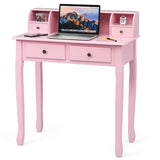 Byroce Small Writing Desk with Removable Hutch, 2-Tier Vanity Table with 4 Drawers, 3 Cubbies & Pine Wood Legs, Study Computer Desk for Bedroom Home Office (Pink) WoodArtSupply