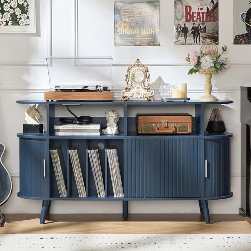 LELELINKY Extra Large Round Record Player Stand with Charging Station & Fluted Panel, Mid Century Modern Turntable Cabinet with Vinyl Storage, Arched Wood Record Player Table for Living Room,Blue LELELINKY