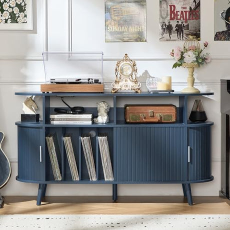 LELELINKY Extra Large Round Record Player Stand with Charging Station & Fluted Panel, Mid Century Modern Turntable Cabinet with Vinyl Storage, Arched Wood Record Player Table for Living Room,Blue LELELINKY