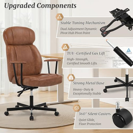 Cozyman High Back Office Desk Chair, Breathable Ergonomic Leather Chair with 5-Layer Seat Cushion with 135°Reclining Lumbar Support Adjustable Height Rolling Swivel Executive Armrests Chair, Brown Cozyman