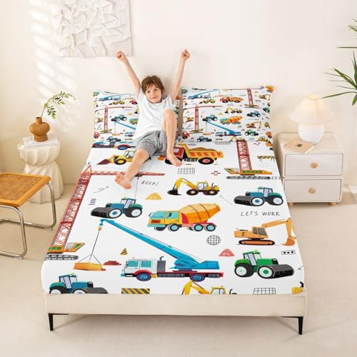 Excavator Bed Sheets King Size, Tractor Machinery Trucks Sheet Set, Kids Boys Construction Vehicle Fitted Sheet, Bulldozer Crane Equipment Truck Bed Sheet set With 2 Pillow Cases, Yellow Green Erosebridal