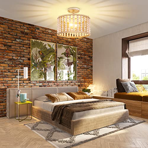 Wood Beaded Chandelier - Farmhouse Boho Light Fixture, Rustic Semi Flush Mount Ceiling Light, Oak 2 Lights Nursery Light Fixture for Hallway Foyer Bedroom Kitchen Island Living Room, E26 Base Frelii