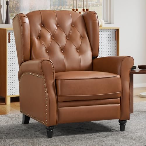 CANMOV Genuine Leather Recliner Chair, Push Back Recliner with Rivet Decoration and Tufted Back, Mid Century Wingback Accent Chair for Living Room, Bedroom, Office, Brown