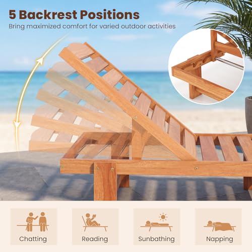 Tangkula Lounge Chair Outdoor, Solid Wood Patio Chaise Lounge with 5-Level Adjustable Backrest, Wooden Slatted Beach Pool Sunbathing Recliner for Outside Backyard, 500 LBS Max Load (1,Natural)