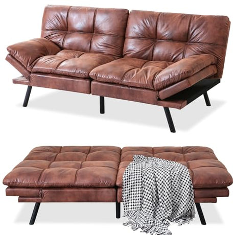 MUUEGM Faux Leather Futon Bed, Convertible Memory Foam Sofa Bed, Modern Love Seat for Living Room,Compact Space,Apartment,Office,Adjustable Backrests Armrests Couch Sleeper,71" Sofas, Brown MUUEGM