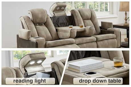 THSUPER Power Microfiber Reclining Sofa, Home Theater Seating Recliner Couch with Adjustable Headrest/Reading Light/USB Port/Storage Armrest/Drop Down Table for Living Room (Brown) THSUPER