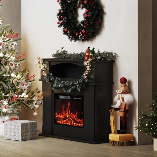 BOSSIN 43" Electric Fireplace with Mantel, 23 inch Electric Fireplace Insert, Freestanding TV Stand with Fireplace Heater,Wooden Surround Firebox Faux Log & Led Flames, Remote Control,750W/1500W Black BOSSIN