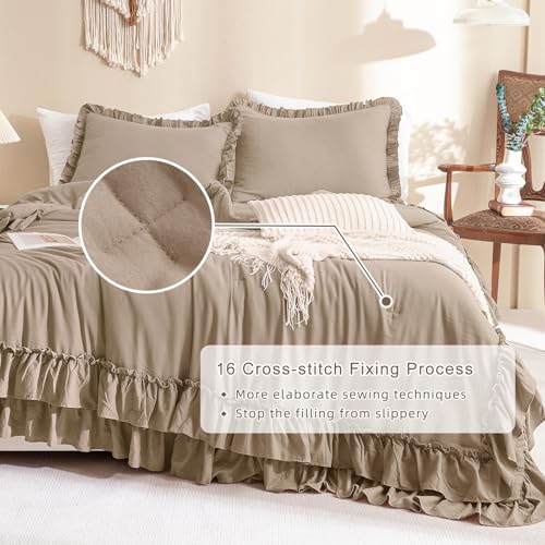 QSH 3PCs Light Taupe Ruffled Comforter Set Queen Size,Shabby Boho Chic Bedding Comforter Sets Queen, Ultra Soft Farmhouse Lightweight Microfiber Inner Fill Bed Comforter Set QSH
