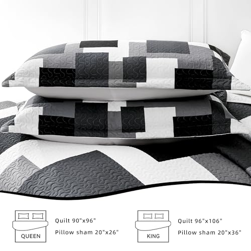 Tyrot 3 Piece Black Grey Quilt Set Full/Queen Size Black White Geometric Reversible Bedding Set Microfiber Lightweight Bedspread Coverlet with 2 Shams Modern Bed Covers for All Season, 90''x96'' Tyrot