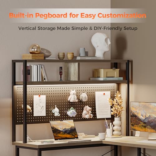 Mericonia 50 inch Large L Shaped Desk with Pegboard Hutch & Shelves, Corner Gaming Desk with Power Outlet, LED Light & Storage Bag, Reversible Computer Desk for Home, Bedroom, Office Workspace, Grey Mericonia