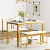 soges 4 Person Dining Table Set,43.3 inch Kitchen Table Set for 4,2 Chairs with Backrest,2-Person Bench with Storage Rack,Nesting Furniture Set for Dining Room and Restaurant, White Gold soges