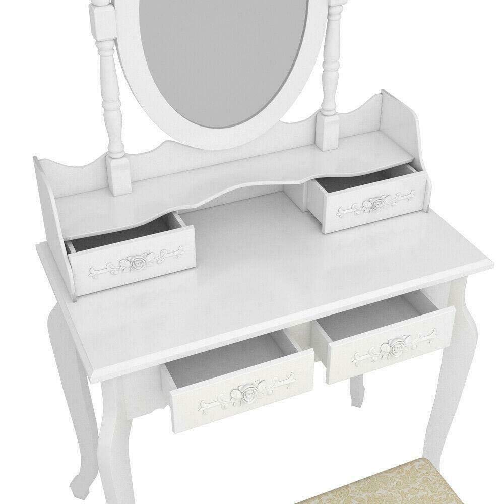 White Vanity Jewelry Makeup Dressing Table Set W/Stool 4 Drawer Mirror Wood Desk - WoodArtSupply