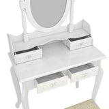 White Vanity Jewelry Makeup Dressing Table Set W/Stool 4 Drawer Mirror Wood Desk Apontus