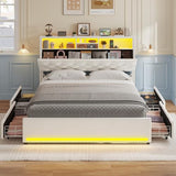 HAUOMS Full Size Bed Frame with Bookcase Headboard,LED Bed Frame with Charging Station, 4 Storage Drawer, Modern Velvet Upholstered Platform Bed with 5 Shelf, No Box Spring Needed, Creamy White HAUOMS