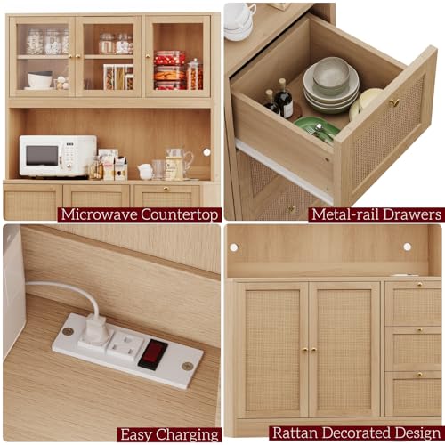 Irontar 70.9'' Kitchen Pantry Cabinet, Kitchen Hutch with Microwave Stand & Charging Station, Farmhouse Tall Storage Cabinet with Countertop, Bar Cabinet with Drawer and Glass Doors, Natural CWG011ME Irontar