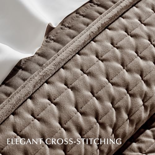 EVERGRACE Luxury Velvet Quilt Set King Size 3 Piece, Soft Cross-Stitch Velvet Comforter Set with Pillow Shams, Lightweight Coverlet Bedspread Bedding Set for All Seasons, Mushroom Brown EVERGRACEHOME