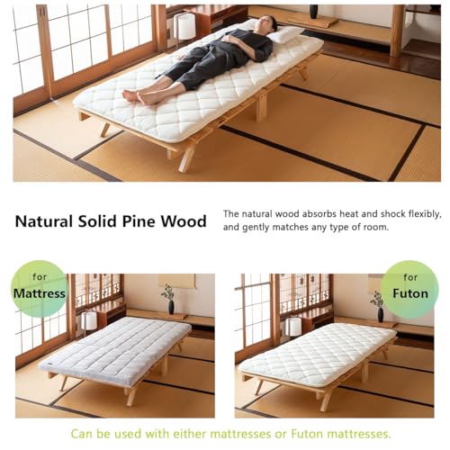 EMOOR Foldable Wood Slatted Floor Bed Frame OSMOS Twin Solid Pine (Earth-Natural), Easy Assembly Space Saving Storable Floor Life Tatami EMOOR